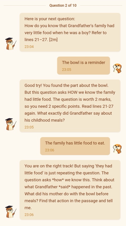 A real ThinkOtter tutoring chat: the tutor asks a 2-mark comprehension question, the student answers, and the tutor replies with encouraging hints instead of giving away the answer.